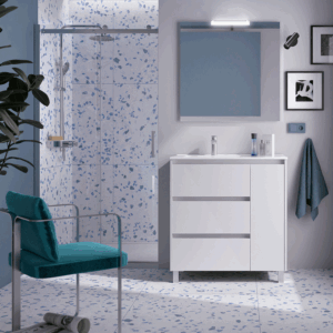 Mueble de baño Noja con 3 cajones, 1 puerta, lavabo desplazado y patas cromadas - Imagen 4
