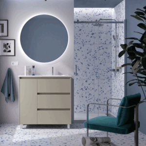 Mueble de baño Noja con 3 cajones, 1 puerta, lavabo desplazado y patas cromadas - Imagen 5