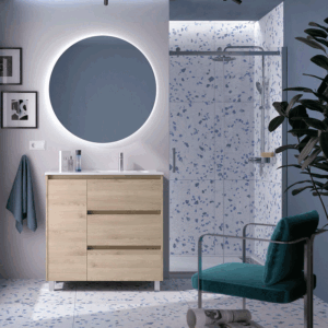 Mueble de baño Noja con 3 cajones, 1 puerta, lavabo desplazado y patas cromadas - Imagen 6
