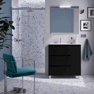 Mueble de baño Noja con 3 cajones, 1 puerta, lavabo desplazado y patas cromadas - Imagen 7