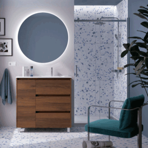 Mueble de baño Noja con 3 cajones, 1 puerta, lavabo desplazado y patas cromadas - Imagen 8