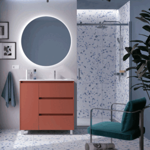 Mueble de baño Noja con 3 cajones, 1 puerta, lavabo desplazado y patas cromadas