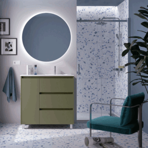 Mueble de baño Noja con 3 cajones, 1 puerta, lavabo desplazado y patas cromadas - Imagen 10