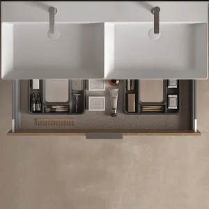 Mueble de baño suspendido Carmen 80 cm con lavabo Aire y 2 cajones, con cajón abierto