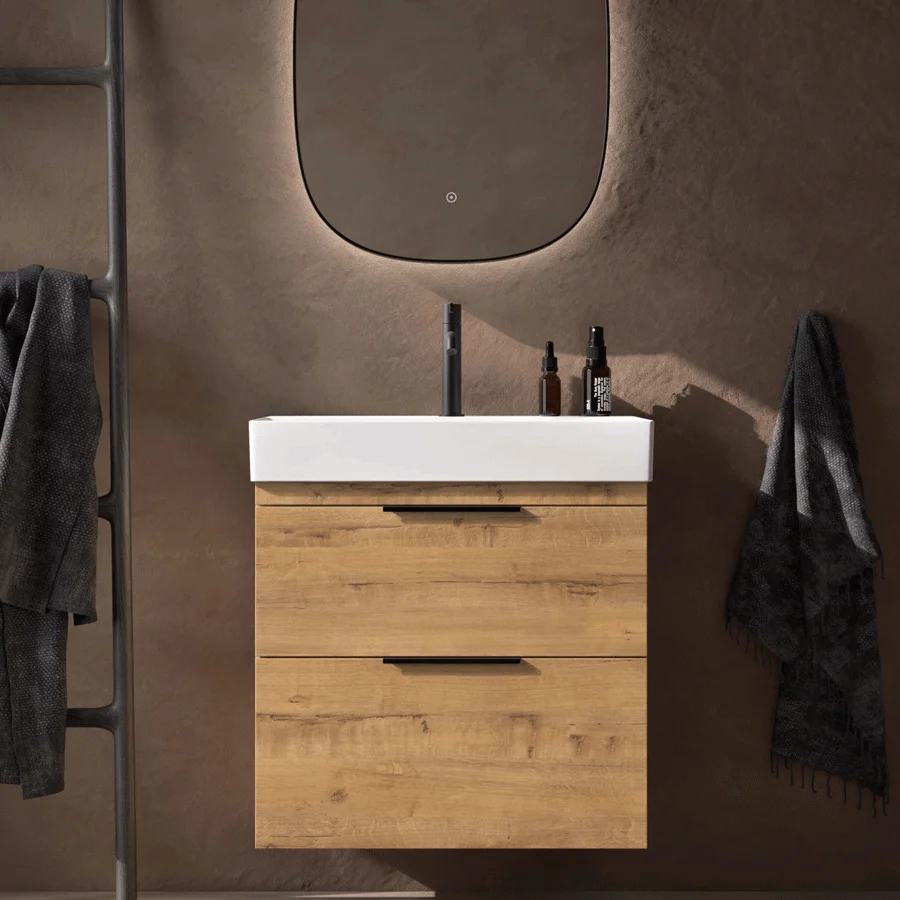 Mueble de baño Elena con lavabo One 60cm, diseño moderno integrado en porcelana, en madera con espejo iluminado