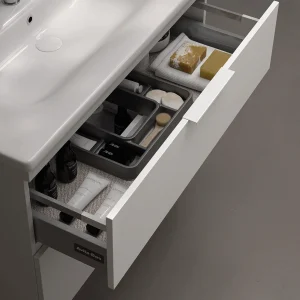 Mueble de baño suspendido Carmen 80 cm con lavabo Aire y 2 cajones, con cajón abierto en blanco