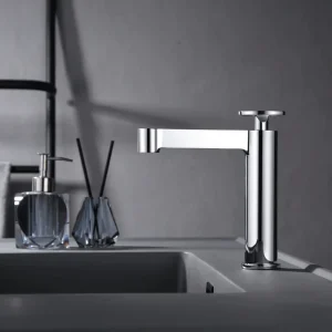 Grifo monomando de lavabo serie Olimpo de Imex, en cromo, ambientado en baño