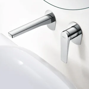 Grifo empotrado de lavabo monomando serie Delos de Imex, en cromo, ambientado en baño