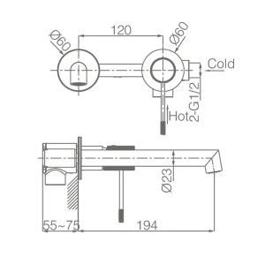 Grifo empotrado de lavabo monomando serie Line de Imex, plano con medidas