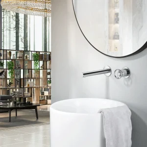 Grifo empotrado de lavabo monomando serie Olimpo de Imex, en cromo, ambientado en baño