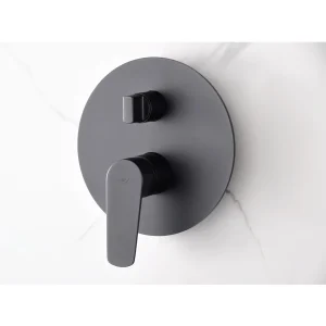 Conjunto de ducha monomando empotrado Bélgica IMEX | Ducha de pared negro mate o cromo, detalle del mando en gris