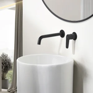 Grifería monomando empotrada para lavabo Bélgica IMEX | Grifo de pared negro o cromo, en negro, ambientado en baño