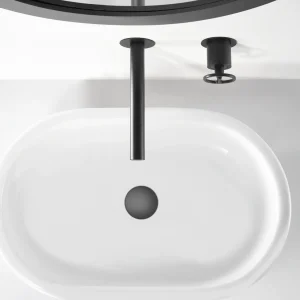 Grifo empotrado de lavabo monomando serie Olimpo de Imex, en negro, ambientado en baño