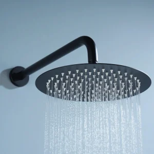Conjunto de ducha termostático empotrado serie Bless de Imex, detalle del rociador en negro