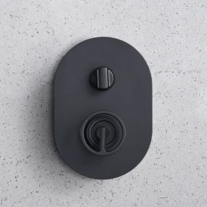 Conjunto de ducha empotrado monomando serie Olimpo de Imex, detalle del mando en negro