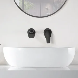 Grifo empotrado de lavabo monomando serie Delos de Imex, en negro, ambientado en baño