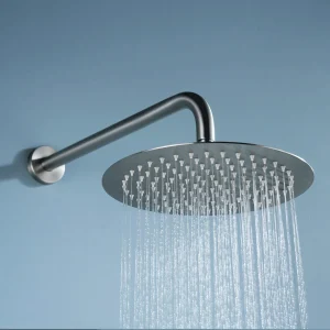 Conjunto de ducha termostático empotrado serie Bless de Imex, detalle del rociador en acero