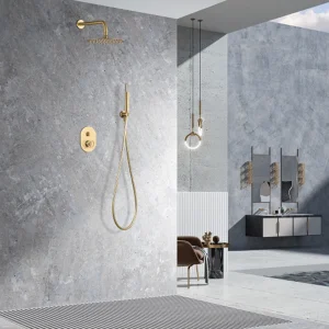 Conjunto de ducha empotrado monomando serie Olimpo de Imex, en dorado, instalado en ducha