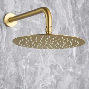 Conjunto de ducha empotrado monomando serie Olimpo de Imex, detalle del rociador en dorado