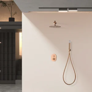 Conjunto de ducha empotrado monomando serie Olimpo de Imex, en oro rosa, instalado en ducha