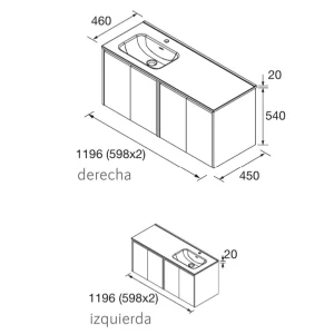 Mueble de baño Noja 120 cm con 4 puertas y lavabo desplazado a izquierda o derecha, plano con medidas