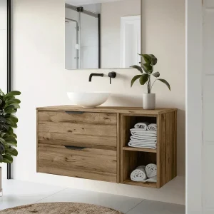 Módulo estante Apolo suspendido para mueble de baño. Almacenamiento Extra, en madera, ambientado en baño