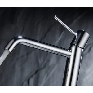 Grifo monomando lavabo alto Monza, diseño moderno en acabados premium, detalle del caño en cromo