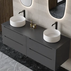 Mueble de baño Kairo suspendido con lavabo porcelánico y 2 cajones, en negro, ambientado en baño, vista 5