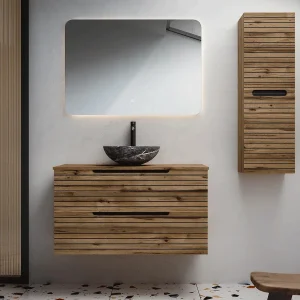 Mueble de baño Ruanda suspendido 2 cajones, en madera con espejo y columna