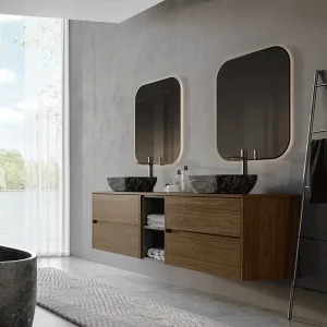 Mueble de baño Montreal suspendido con tapa para lavabo sobre encimera, en madera, ambientado en baño