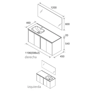 Conjunto de baño Noja 120 cm con 4 puertas, lavabo desplazado y espejo incluido, plano con medidas
