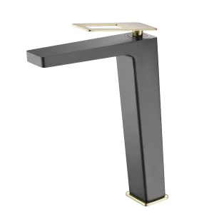 Grifo monomando lavabo alto Suecia con un diseño elegante y sofisticado, en negro y dorado