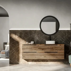 Mueble de baño Ruanda suspendido 2 cajones, en madera, ambientado en baño, vista 3