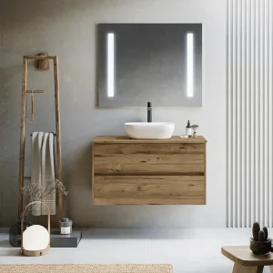 Mueble de baño Montreal suspendido con tapa para lavabo sobre encimera, en madera, ambientado en baño, vista 3