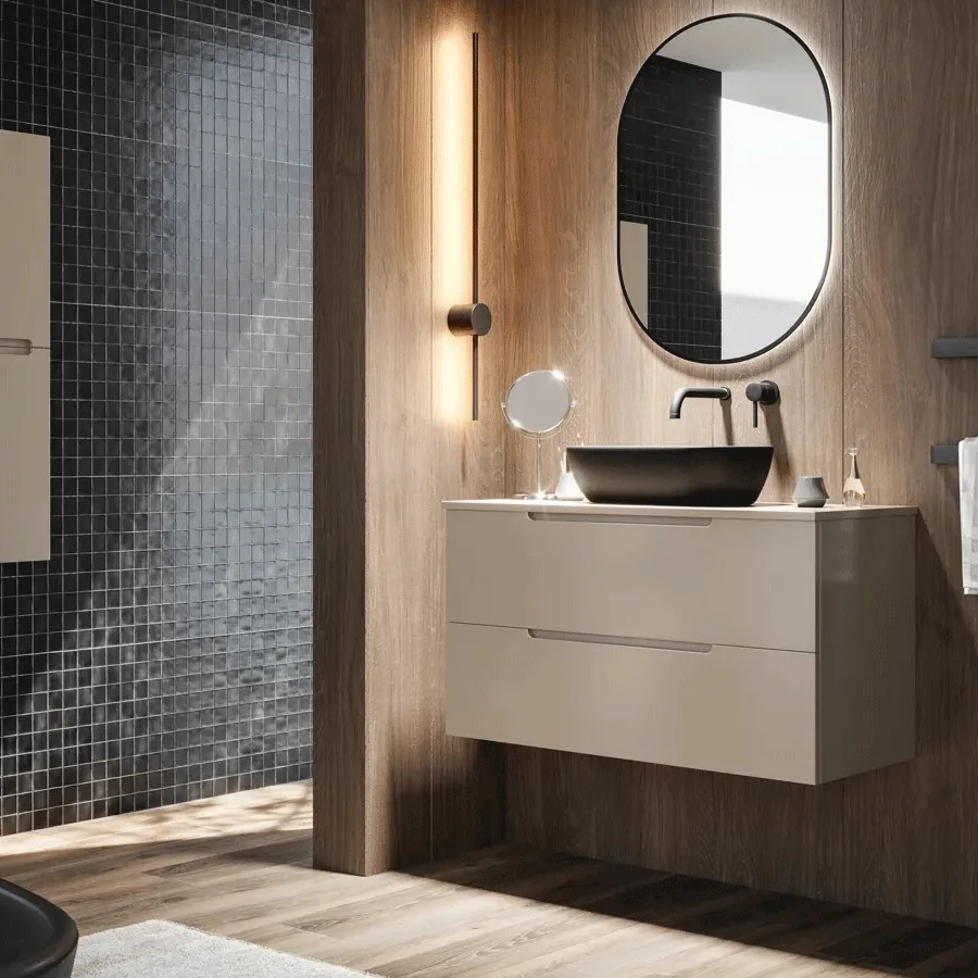 4 Mueble de baño Kairo suspendido con lavabo porcelánico y 2 cajones, en gris claro con espejo ovalado iluminado
