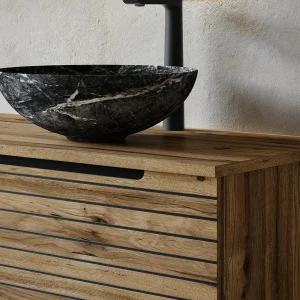 Mueble de baño Ruanda 3 cajones con patas y tapa para lavabo sobre encimera, detalle del lavabo en madera
