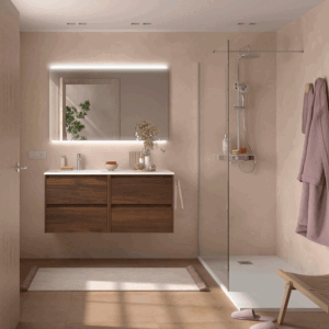 Conjunto de baño Noja 120 cm con 4 cajones, lavabo desplazado y espejo incluido