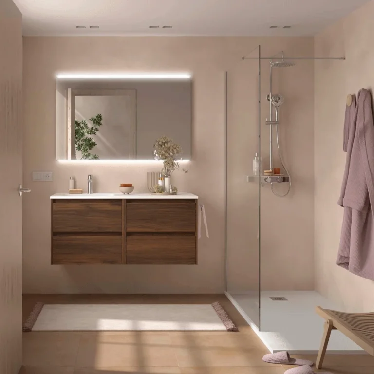 Conjunto de baño Noja 120 cm con 4 cajones, lavabo desplazado y espejo incluido, en madera con espejo iluminado