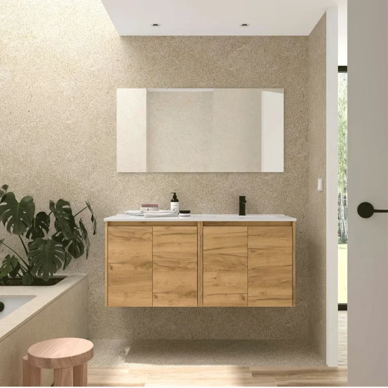 Conjunto de baño Noja 120 cm con 4 puertas, lavabo desplazado y espejo incluido, en madera con espejo de tres puertas