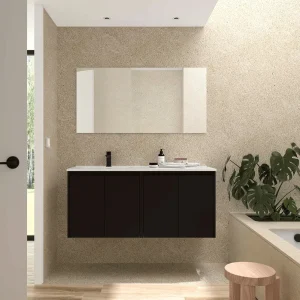 Conjunto de baño Noja 120 cm con 4 puertas, lavabo desplazado y espejo incluido, en negro, ambientado en baño