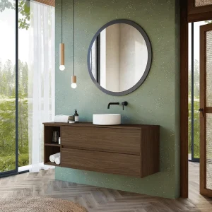 Mueble de baño Montreal suspendido con tapa para lavabo sobre encimera, en madera, ambientado en baño, vista 7
