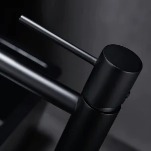 Grifo monomando lavabo alto Monza, diseño moderno en acabados premium, detalle del mando en negro