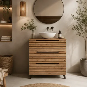 Mueble de baño Ruanda 3 cajones con patas y tapa para lavabo sobre encimera, en madera con espejo redondo