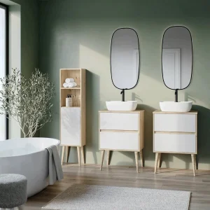 Mueble de baño Nórdico suspendido con lavabo sobre encimera | Diseño escandinavo, en blanco, ambientado en baño