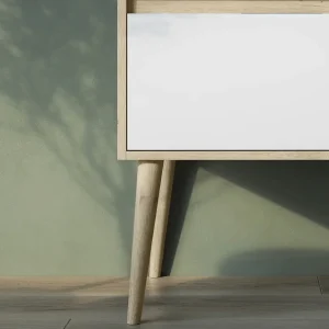 Mueble de baño Nórdico suspendido con lavabo sobre encimera | Diseño escandinavo, detalle del acabado en madera