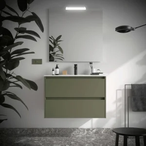 Mueble de baño suspendido Noja con 2 cajones y lavabo de porcelana, en verde, ambientado en baño