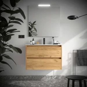 Mueble de baño suspendido Noja con 2 cajones y lavabo de porcelana, en madera, ambientado en baño