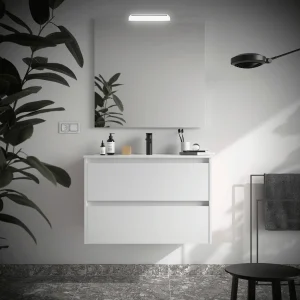 Mueble de baño suspendido Noja con 2 cajones y lavabo de porcelana, en gris claro, ambientado en baño