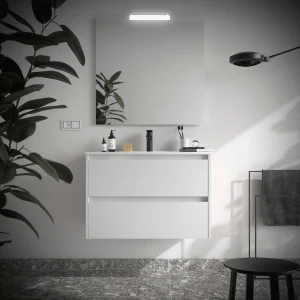 Mueble de baño suspendido Noja con 2 cajones y lavabo de porcelana, en blanco, ambientado en baño