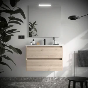 Mueble de baño suspendido Noja con 2 cajones y lavabo de porcelana, en madera clara, ambientado en baño